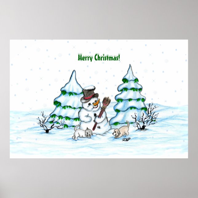 Póster ¡Feliz Navidad! Hombre de nieve con gato y cachorr (Frente)