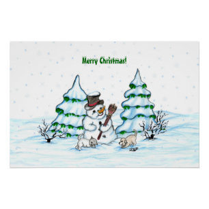 Póster ¡Feliz Navidad! Hombre de nieve con gato y cachorr