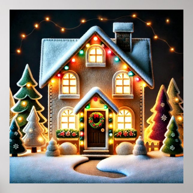 Póster Feliz Navidad - Imagen de la casa a la hora del Na (Frente)