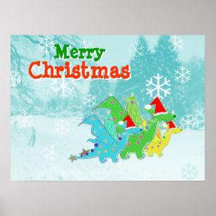 Póster Feliz Navidad Kawaii Dragons Poster