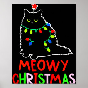 Póster Feliz Navidad Luces de Navidad Pijama de Gato Negr