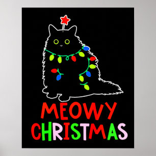 Póster Feliz Navidad Luces de Navidad Pijama de Gato Negr