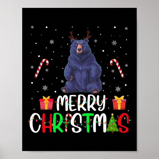 Póster Feliz Navidad Luces de oso Gorra de renos Xmas Pjs (Frente)