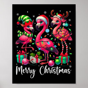 Póster Feliz Navidad Luces Flamingo Santa Hat Nieve Xma