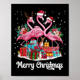 Póster Feliz Navidad Luces Flamingo Santa Hat Nieve Xma