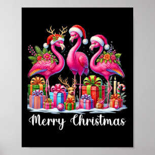 Póster Feliz Navidad Luces Flamingo Santa Hat Nieve Xma
