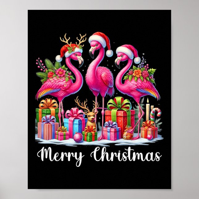 Póster Feliz Navidad Luces Flamingo Santa Hat Nieve Xma (Frente)