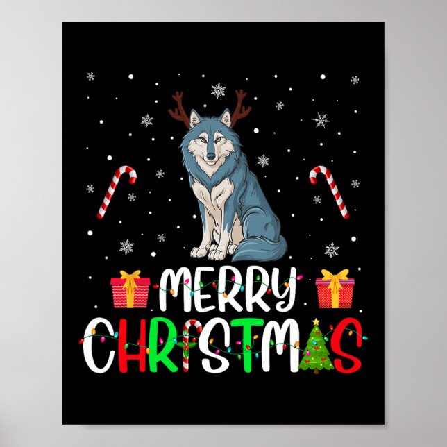 Póster Feliz Navidad Luces Wolf Reindeer Gorra Xmas Pjs (Frente)