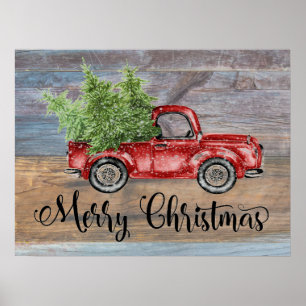 Póster Feliz Navidad, Madera Rústica Y Camión Rojo Cuto