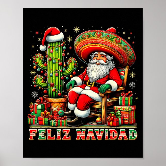 Póster Feliz Navidad Mexican Christmas Santa Sombrero Cac (Frente)
