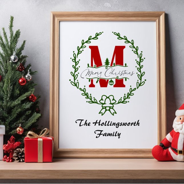 Póster Feliz Navidad Monograma Wreath Personalizado (Subido por el creador)