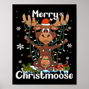 Póster Feliz Navidad Navidades Moose Xmas Tree Lights