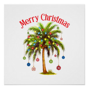 Póster Feliz Navidad Palm Tree Light Tropical Hawaiano