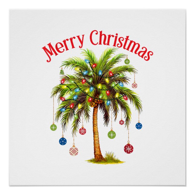 Póster Feliz Navidad Palm Tree Light Tropical Hawaiano (Anverso)