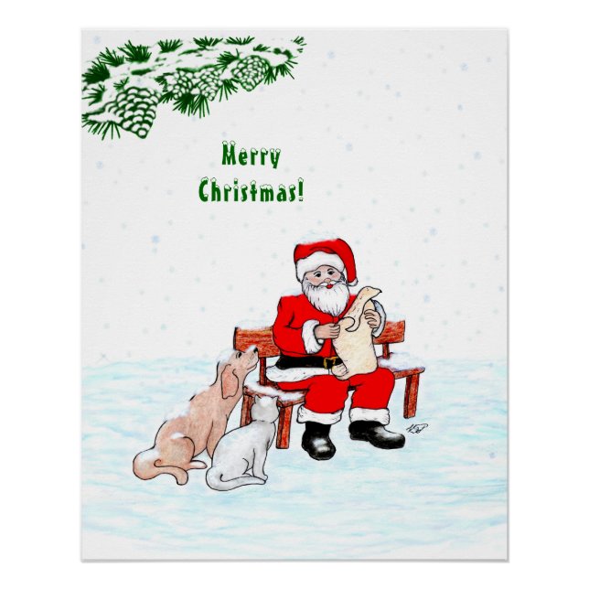 Póster Feliz Navidad! Papá Noel con gato y perro (Anverso)