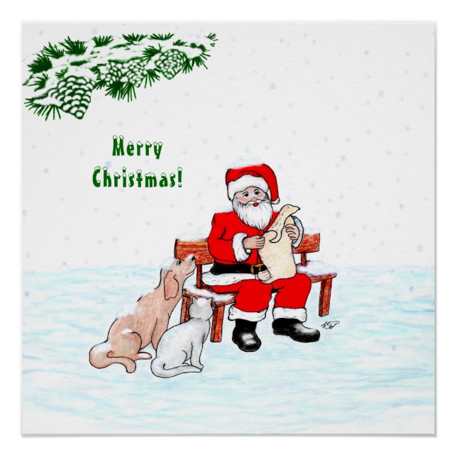 Póster Feliz Navidad! Papá Noel con gato y perro (Anverso)