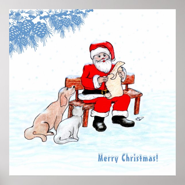 Póster Feliz Navidad - Papá Noel con gato y perro (Frente)