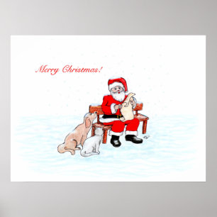 Póster Feliz Navidad - Papá Noel con gato y perro