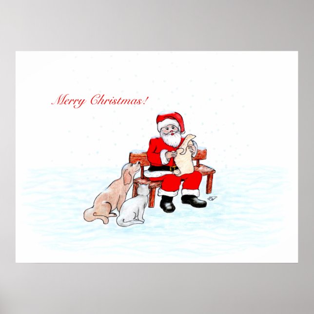 Póster Feliz Navidad - Papá Noel con gato y perro (Frente)