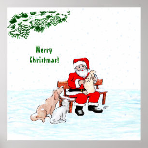 Póster Feliz Navidad! Papá Noel con gato y perro
