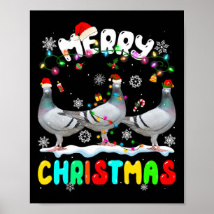 Póster Feliz Navidad Pigeon Lover Santa Hat Xmas Luces