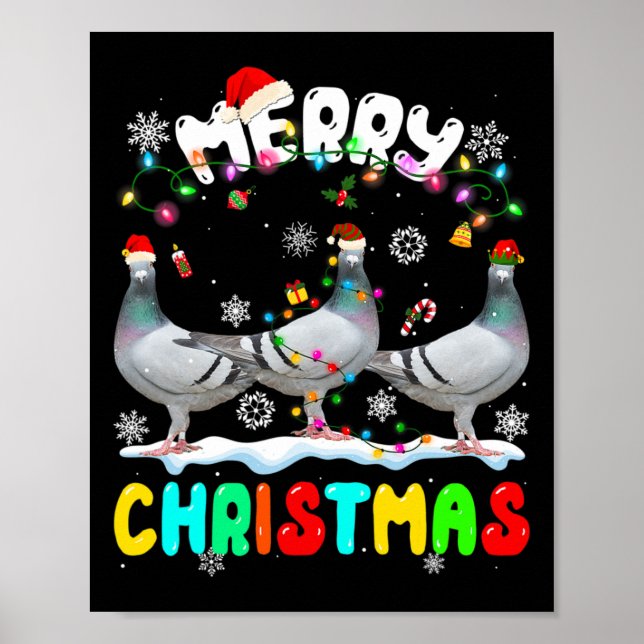 Póster Feliz Navidad Pigeon Lover Santa Hat Xmas Luces (Frente)