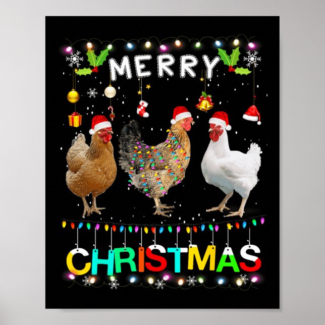 Póster Feliz Navidad Pollo Santa Hat Encendido Navidad Di (Frente)