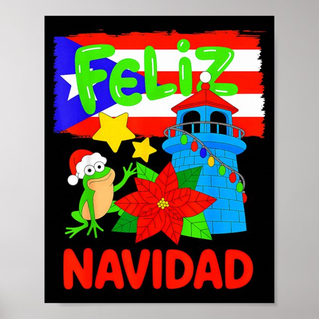 Póster Feliz Navidad Puerto Rico Flag Floral Frog Boricua (Frente)