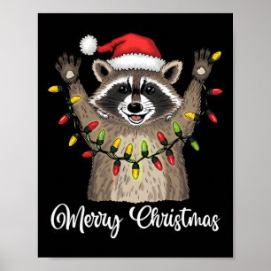 Póster Feliz Navidad Raccoon Santa Hat Xmas Light Pjs M