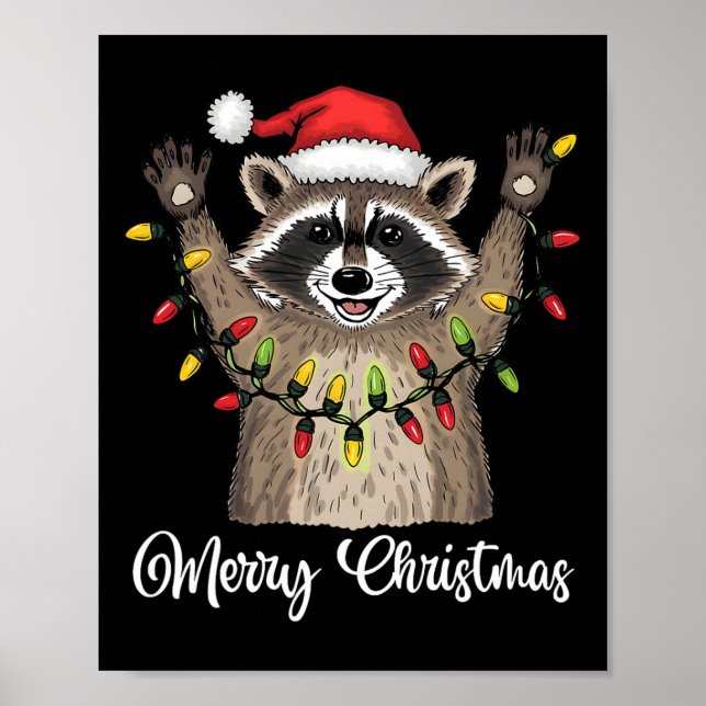 Póster Feliz Navidad Raccoon Santa Hat Xmas Light Pjs M (Frente)