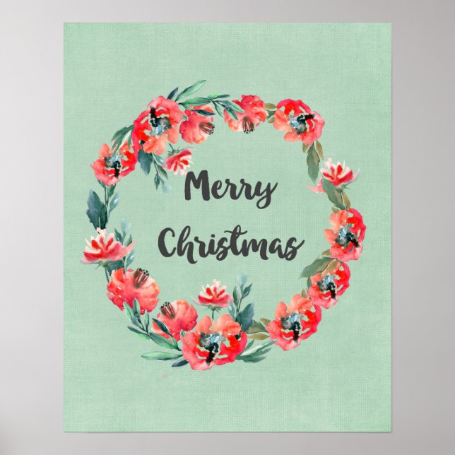 Póster Feliz Navidad Rojo Floral Agua Wreath (Frente)