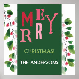 Póster Feliz Navidad Rojo Y Verde Wreath De Acuarela