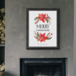 Póster Feliz Navidad Rústica Poinsettia Greenery<br><div class="desc">Decoración rústica y festiva de estilo casero con ilustracion acuarela de poinsettia y productos botánicos de invierno. El texto dice "Feliz Navidad".</div>