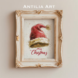 Póster Feliz Navidad Saludos pintando a Santa Claus Gorra