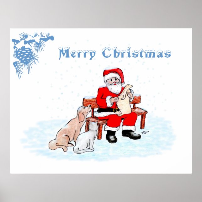 Póster Feliz Navidad - Santa Claus con gato y perro (Frente)