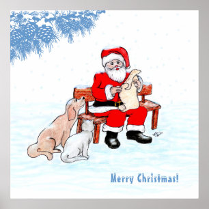 Póster Feliz Navidad - Santa Claus con gato y perro