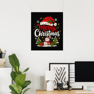 Póster Feliz Navidad Santa Rojo Muñeco de Nieve Luces de 