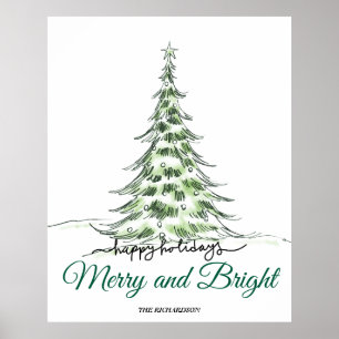 Póster Feliz Navidad Script de árbol de vacaciones mini