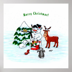 Póster ¡Feliz Navidad! Snowman con sus amigos