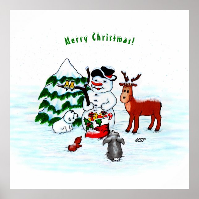 Póster ¡Feliz Navidad! Snowman con sus amigos (Frente)