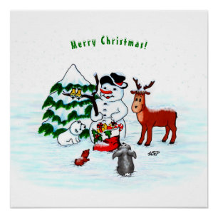 Póster ¡Feliz Navidad! Snowman con sus amigos