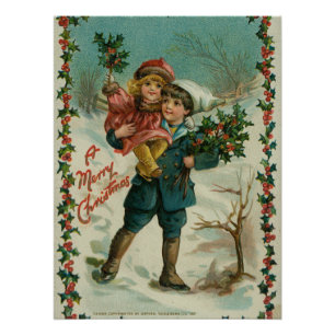 Póster Feliz Navidad - tarjeta postal retro, niños, acebo
