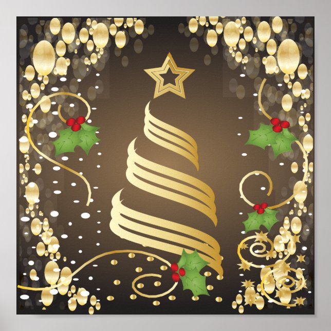 Póster Feliz Navidad Terraza marrón y oro (Frente)