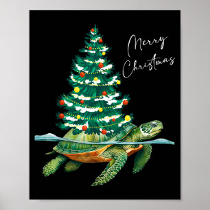 Póster Feliz Navidad Tortuga Marina Luces de árbol de Nav