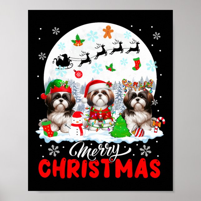 Póster Feliz Navidad Tres Reinos de Santa Elf Shih Tzus (Frente)