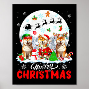 Póster Feliz Navidad tres renos de Santa Elf, Shiba Inu