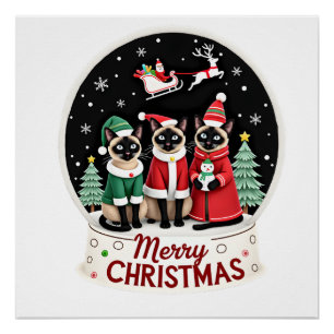 Póster Feliz Navidad Tres Santa Elfo Reno Siamés C
