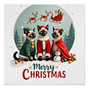 Póster Feliz Navidad Tres Santa Elfo Reno Siamés C