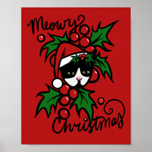 Póster Feliz Navidad Tuxedo Cat