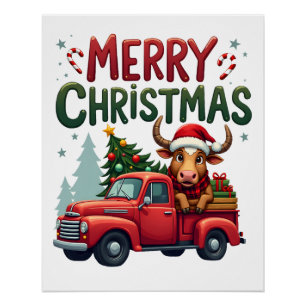 Póster Feliz Navidad Vaca de las Tierras Altas de Escocia